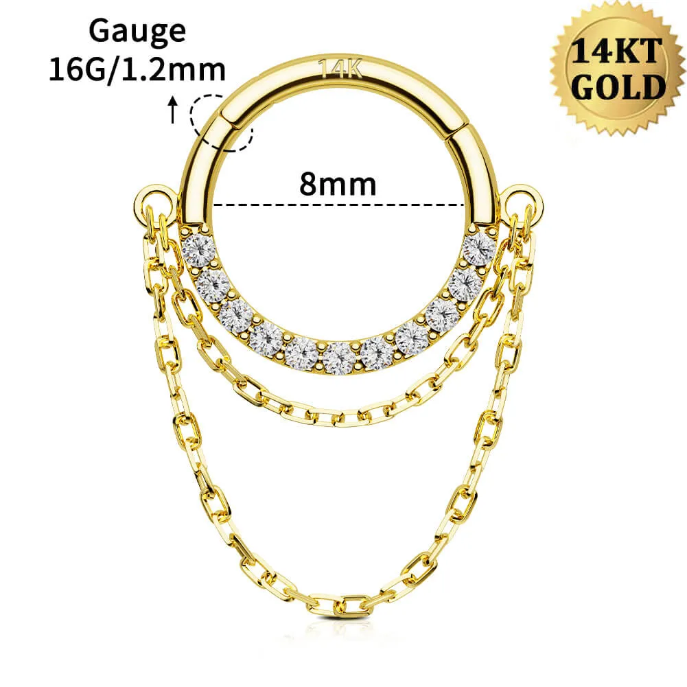 14K Solid Gold 16G Double Chain CZ Septum Ring Helix Earring