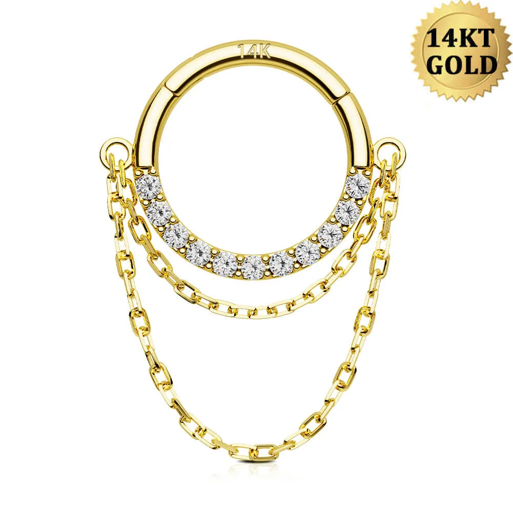 14K Solid Gold 16G Double Chain CZ Septum Ring Helix Earring