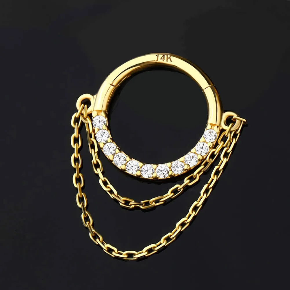 14K Solid Gold 16G Double Chain CZ Septum Ring Helix Earring