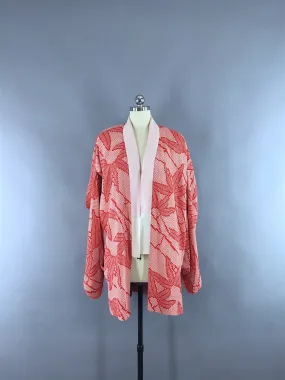 1920s Vintage Silk Kimono Jacket / Silk Haori Kimono Cardigan / Red Shibori Print