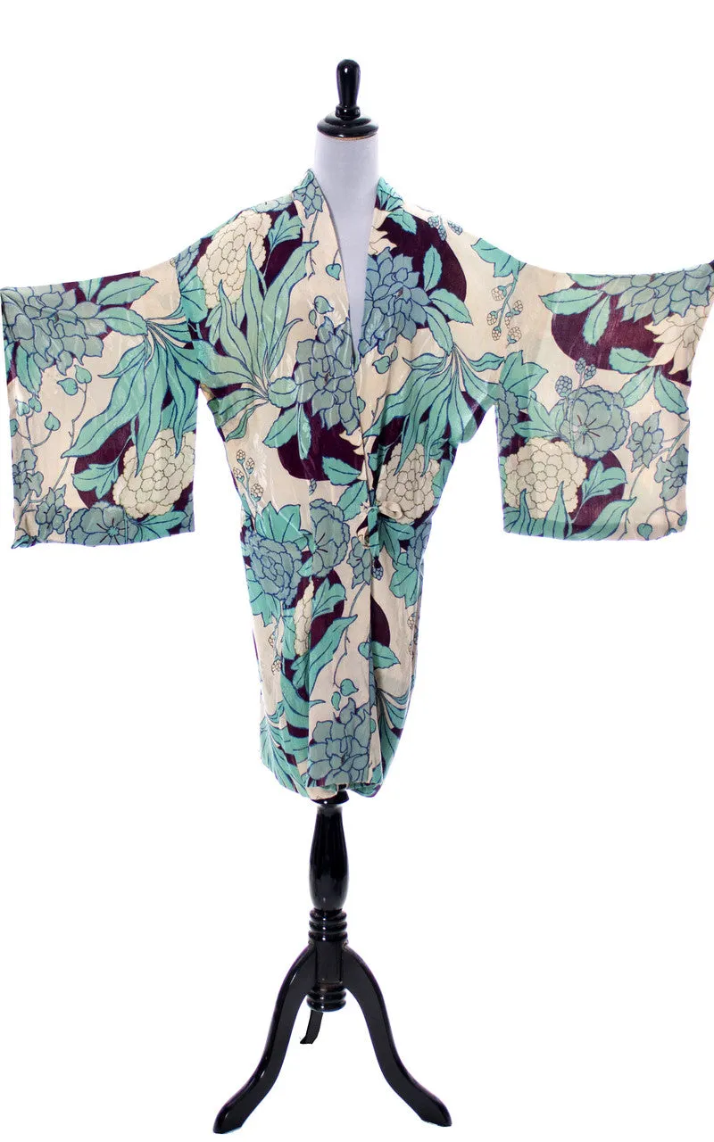 1930's Japanese Kimono Vintage Floral Cream, Plum & Blue Silk Robe