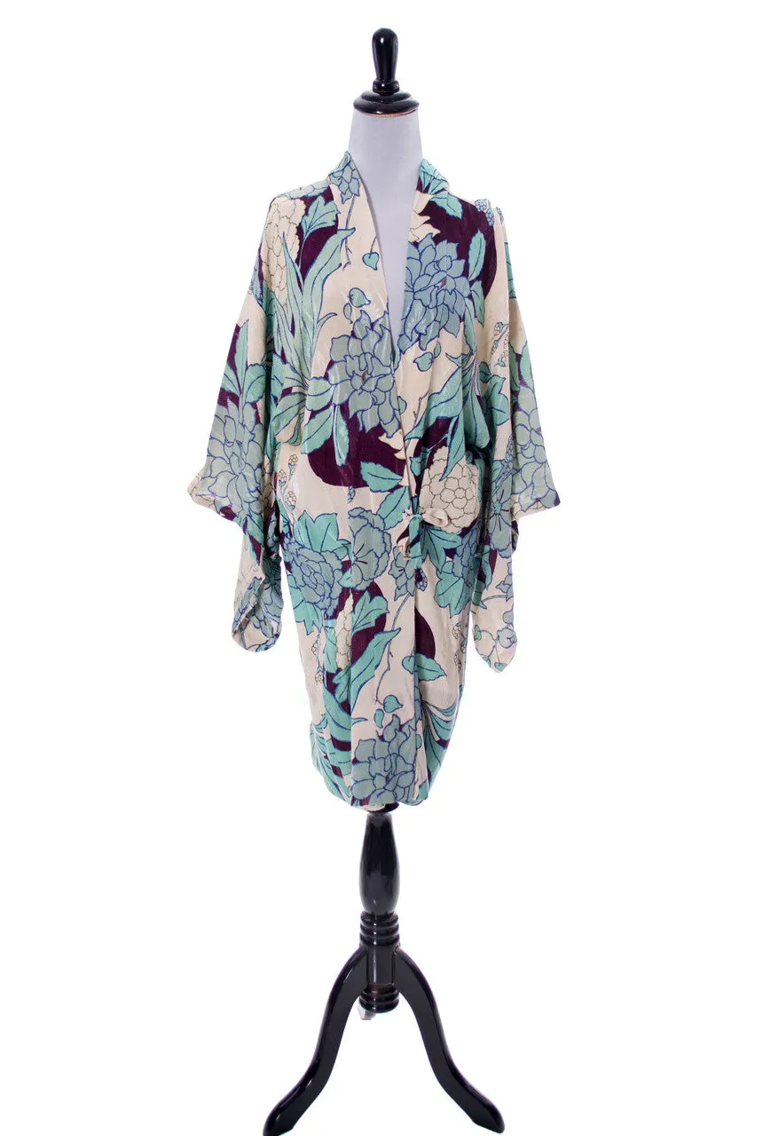 1930's Japanese Kimono Vintage Floral Cream, Plum & Blue Silk Robe