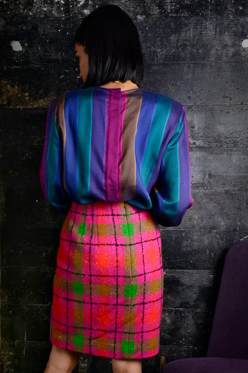 1980s Pink & Green Plaid Wool Skirt 10