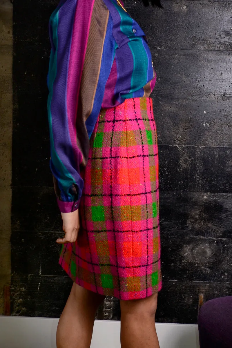 1980s Pink & Green Plaid Wool Skirt 10