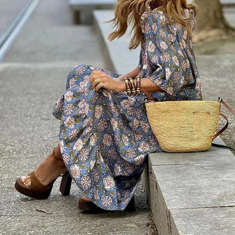 2024 Lady V-neck Short Sleeved Loose Elegant Floral Print Tie Up Party Bohemian Casual Pleated Long Mujer Summer New Dress