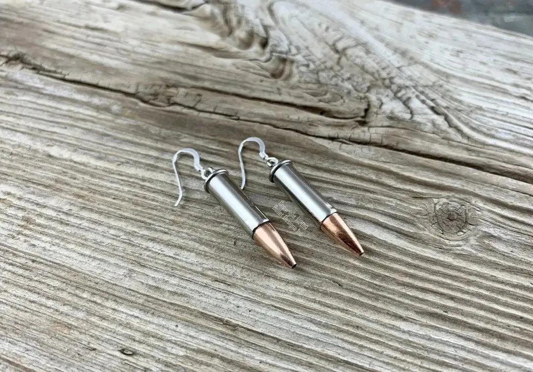 22 Caliber Bullet Dangle Earrings in Nickel, Dangle Bullet Earrings, Sterling Silver Earwires, Lightweight, Trendy, Recycled, 22 Long Rifle