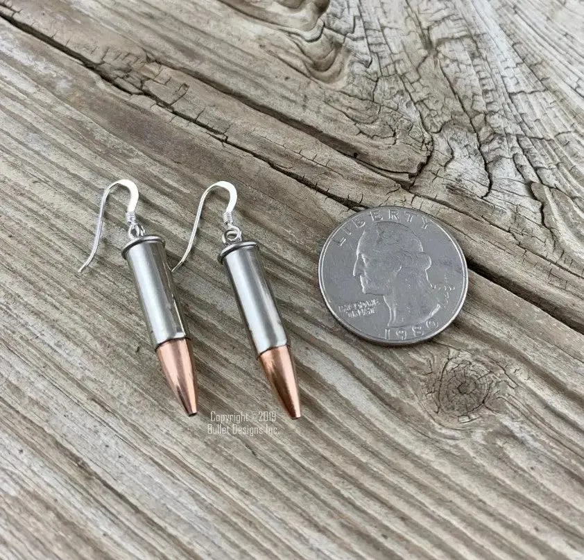 22 Caliber Bullet Dangle Earrings in Nickel, Dangle Bullet Earrings, Sterling Silver Earwires, Lightweight, Trendy, Recycled, 22 Long Rifle