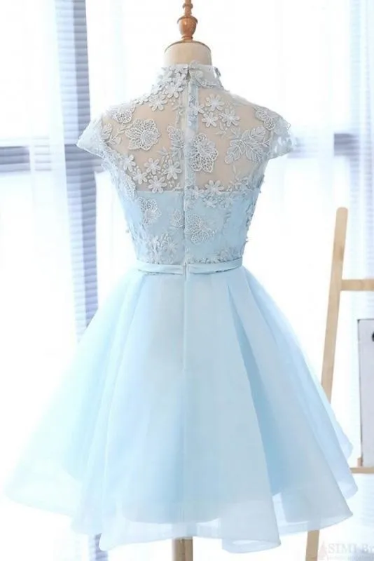 A Line High Neck Cap Sleeves Organza Homecoming Dresses with Bowknot