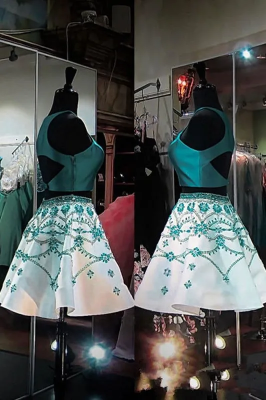 A Line Two Piece Turquoise Homecoming with Beading Formal Short Prom Dresses