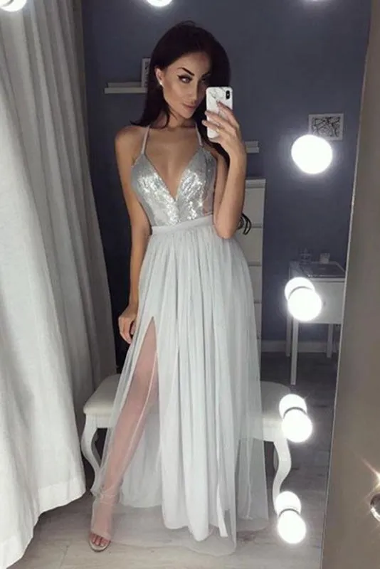 A Line V Neck Sequined Party Silver Spaghetti Straps Sleeveless Tulle Prom Dress