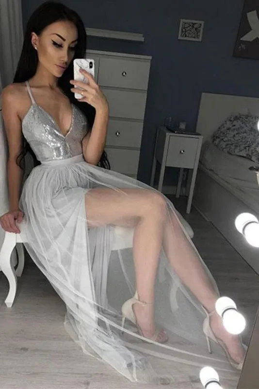 A Line V Neck Sequined Party Silver Spaghetti Straps Sleeveless Tulle Prom Dress