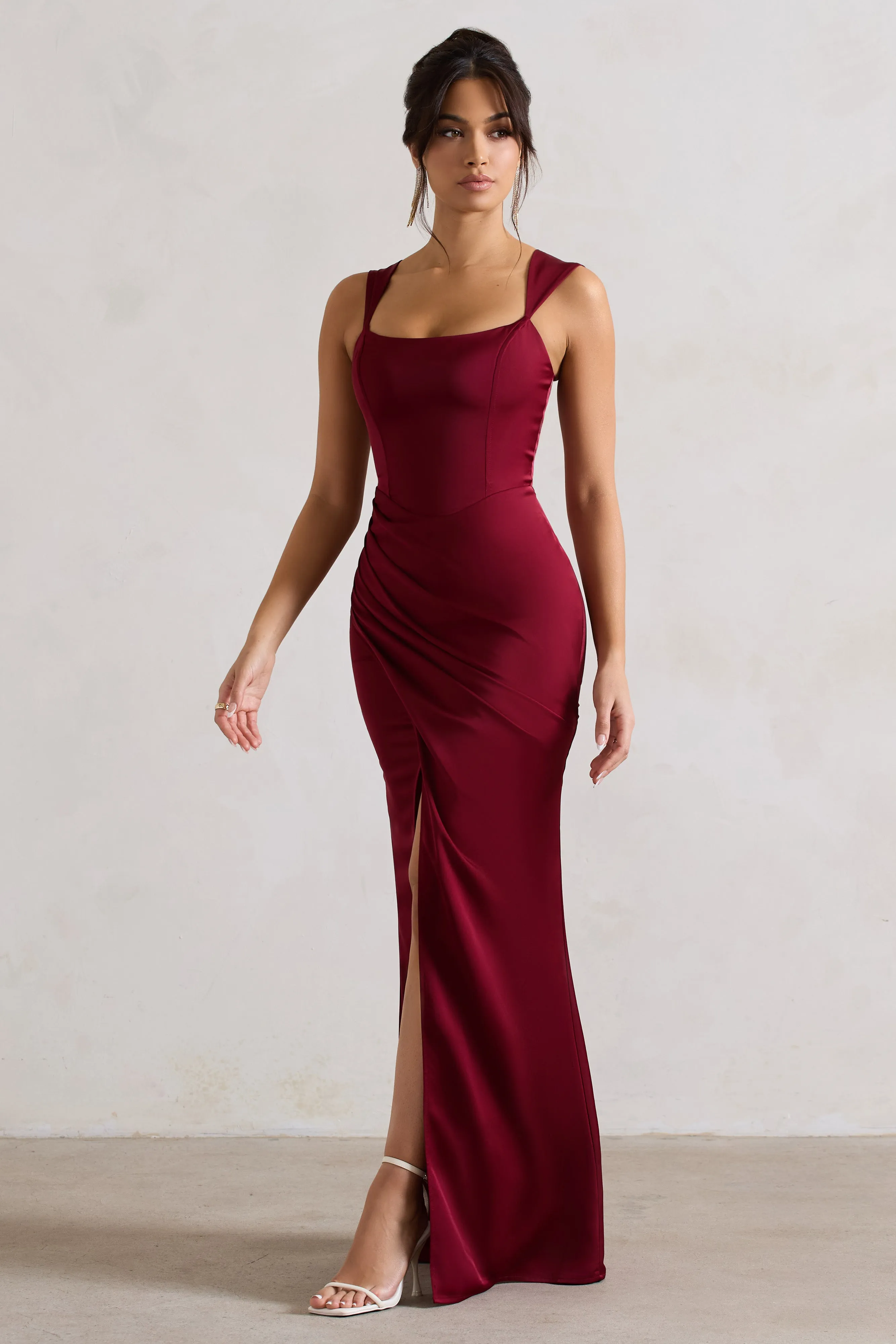 A Romantic | Berry Satin Corset Wrap Maxi Dress