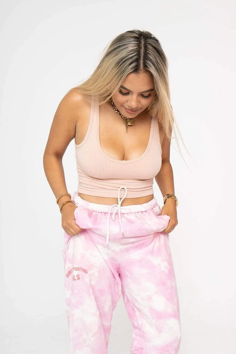 Adelaine Morin 'Girls Supporting Girl's Pastel Pink Tie Dye Sweatpants