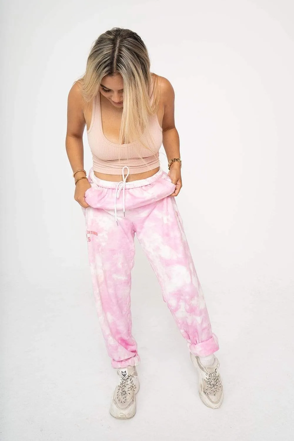 Adelaine Morin 'Girls Supporting Girl's Pastel Pink Tie Dye Sweatpants