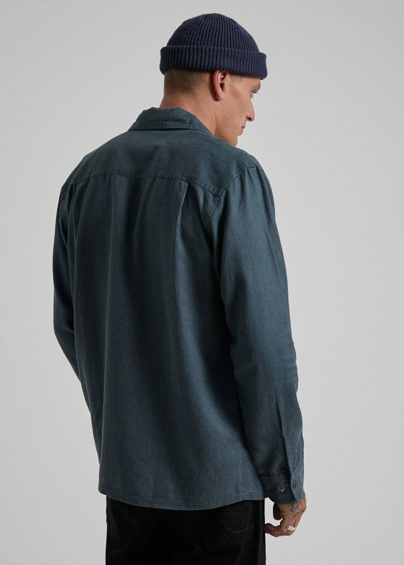 Afends Mens Late Start - Hemp Work Long Sleeve Shirt - Slate