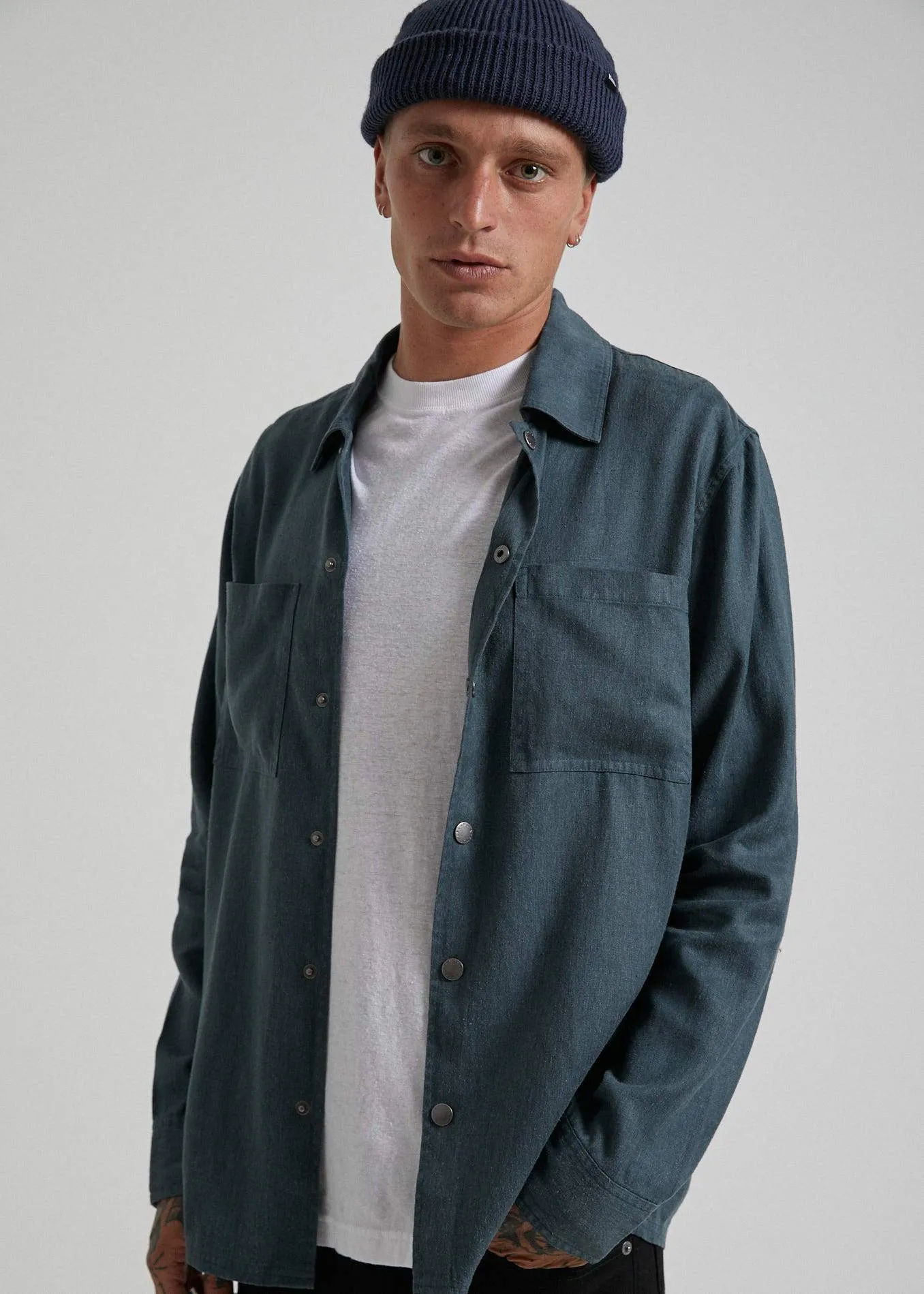 Afends Mens Late Start - Hemp Work Long Sleeve Shirt - Slate