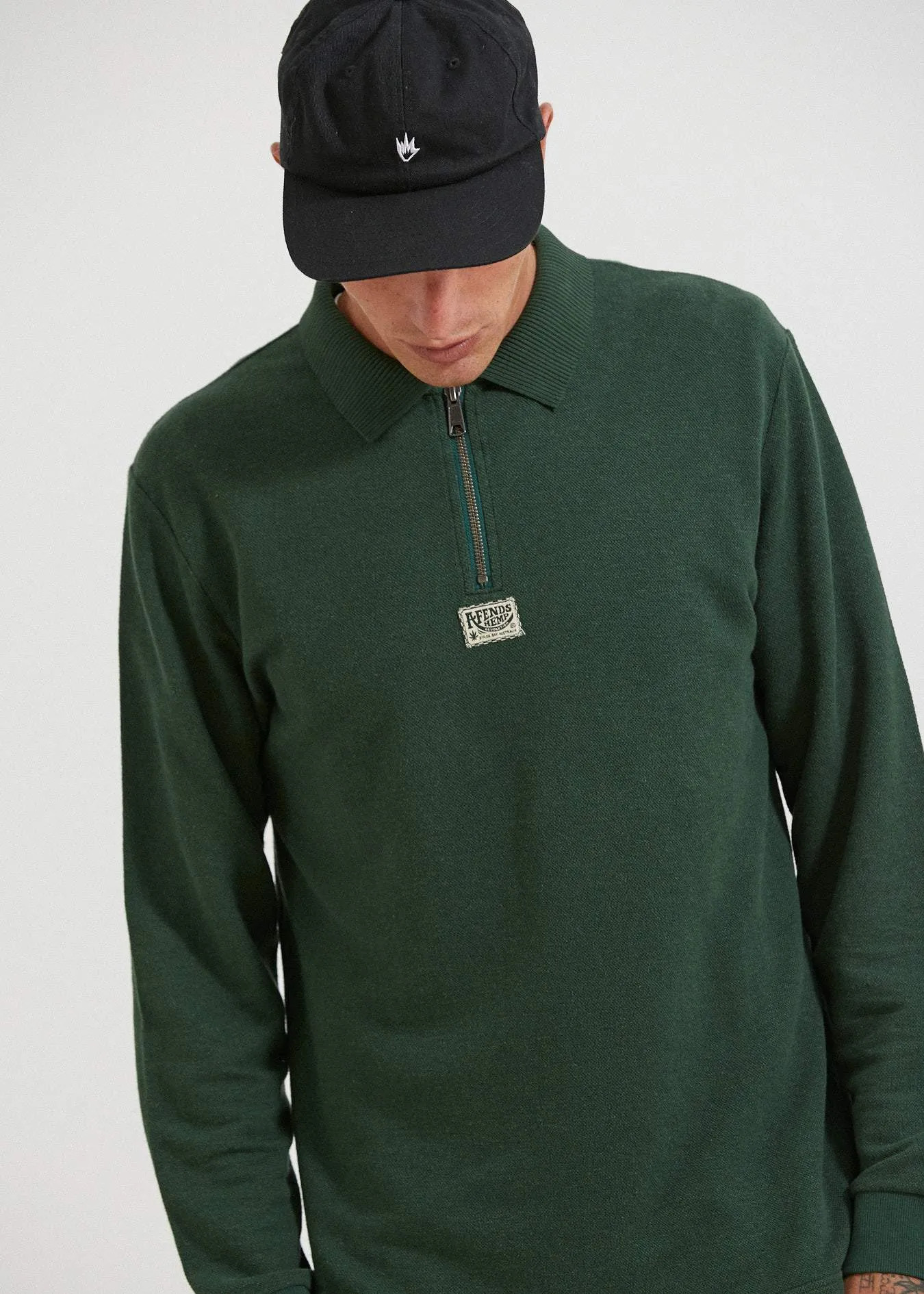 Afends Mens Meninga - Hemp Half Zip Long Sleeve Polo Tee - Forest