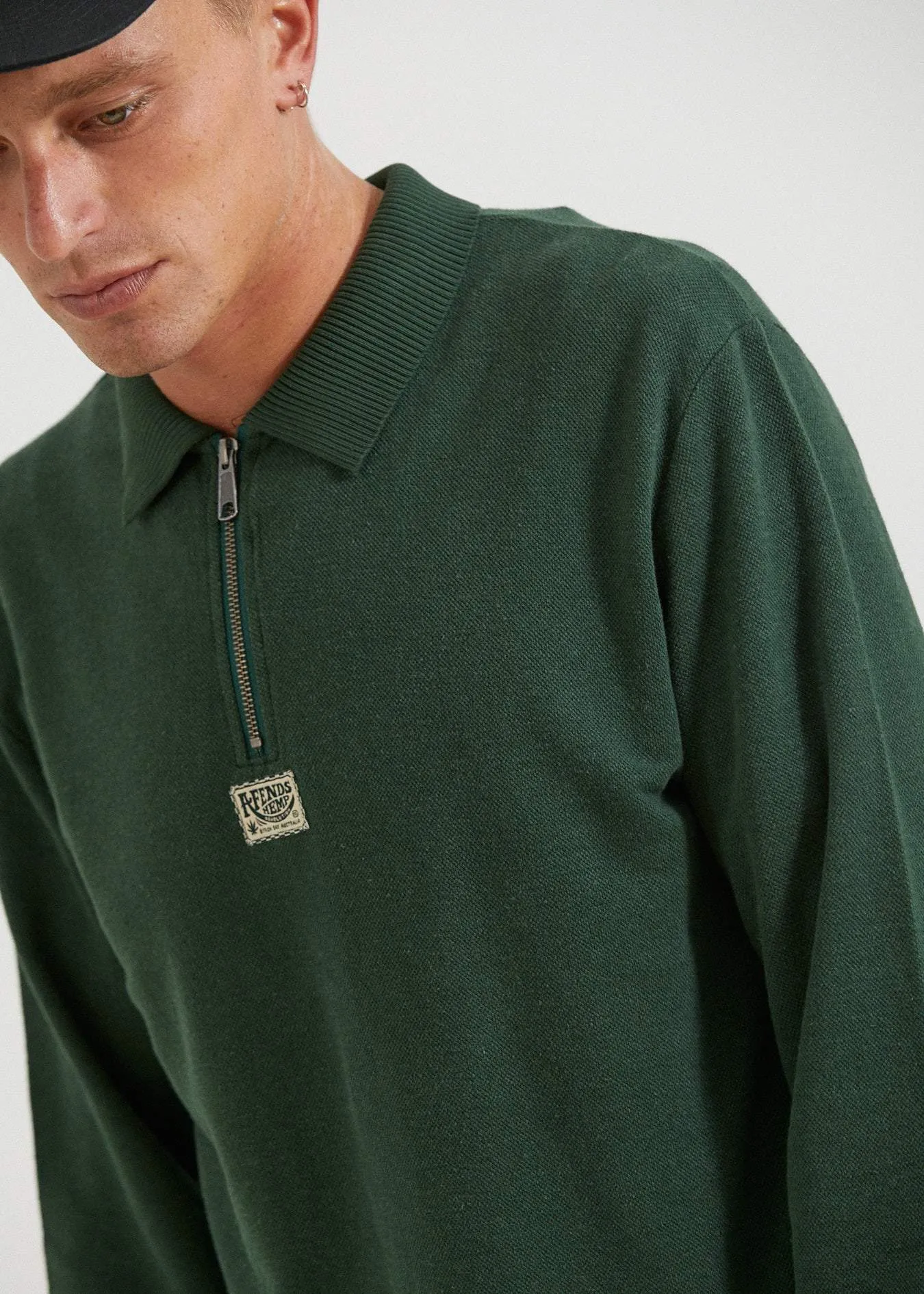 Afends Mens Meninga - Hemp Half Zip Long Sleeve Polo Tee - Forest