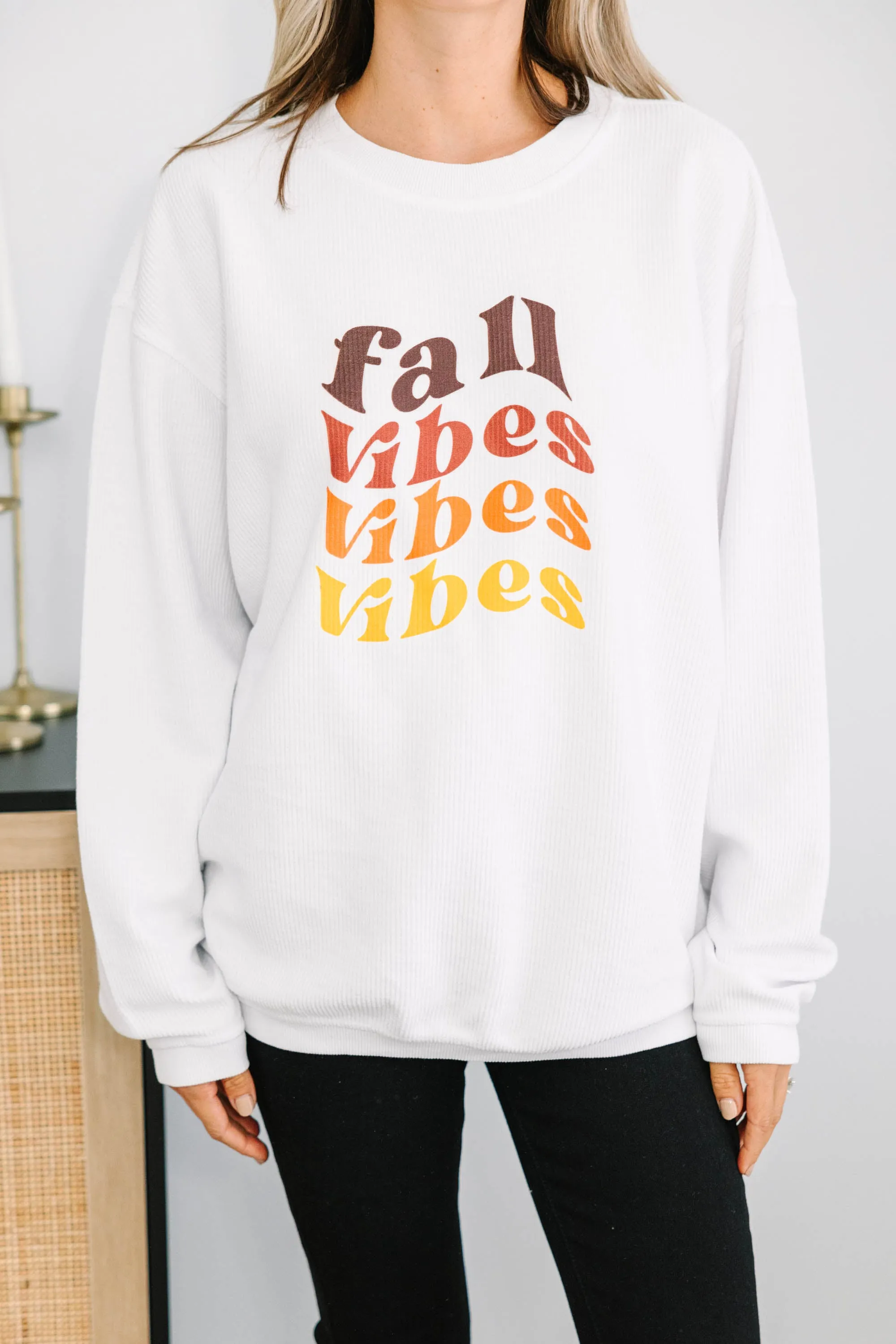 All The Fall Vibes White Corded Graphic Sweatshirt