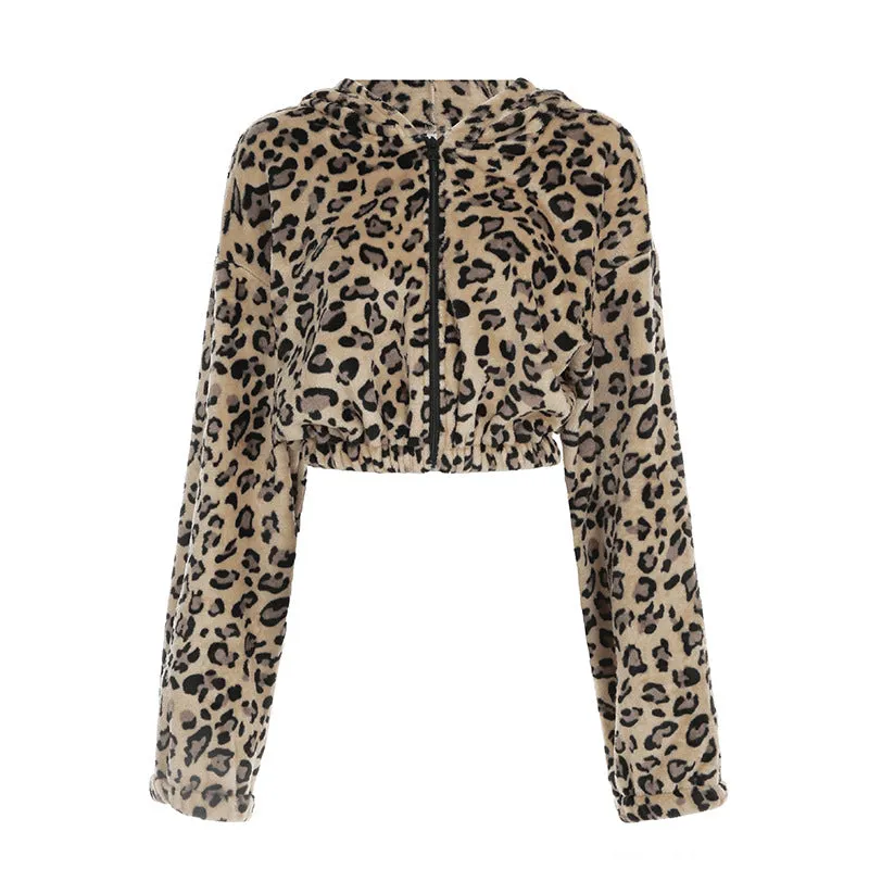 Autumn Winter Wild Girl Leopard Print Polar Fleece Thermal Hooded Sweatshirt Sexy Personality Waist Short Coat