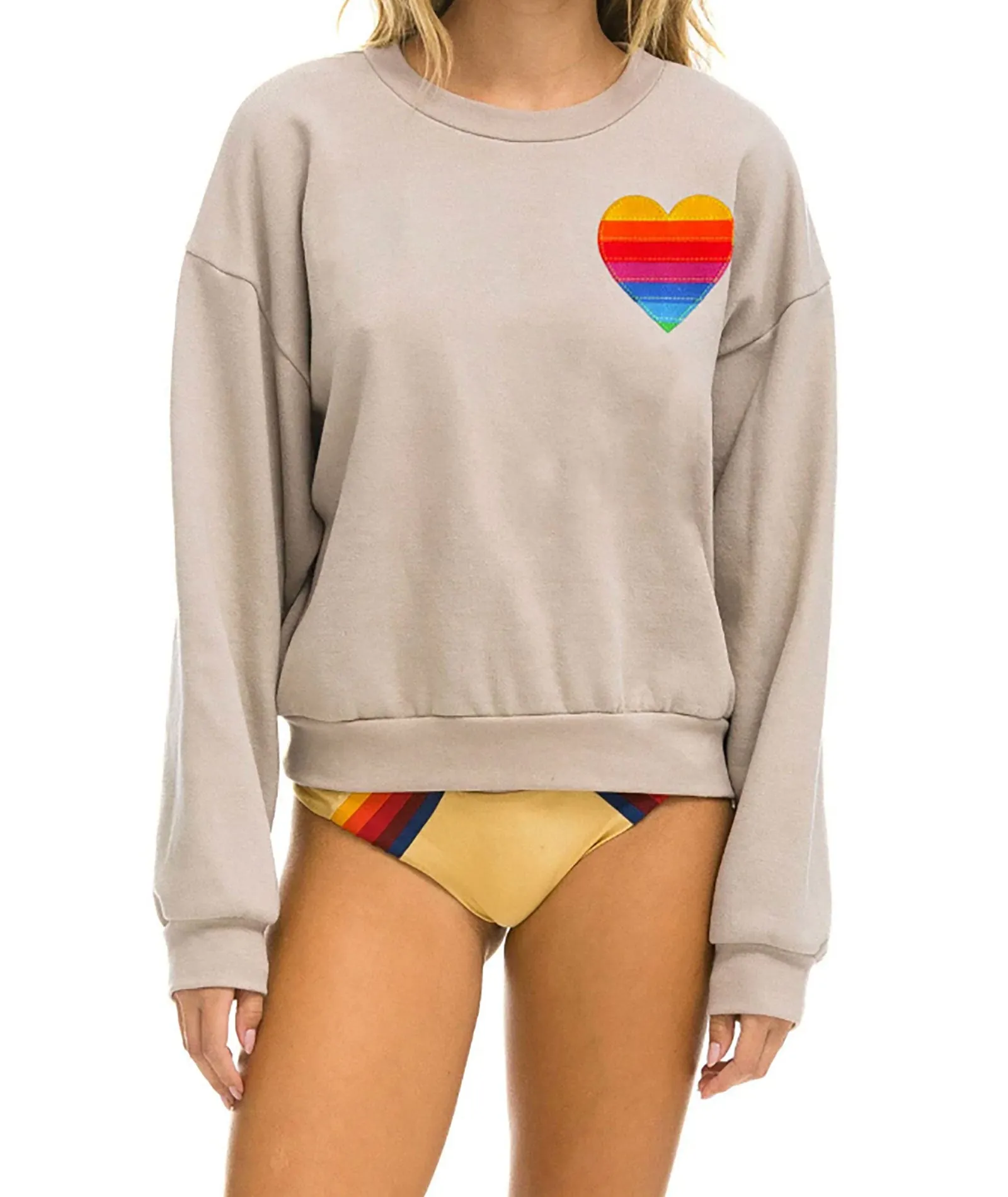 Aviator Nation Women Rainbow Heart Stitch Crew Sweatshirt Sand