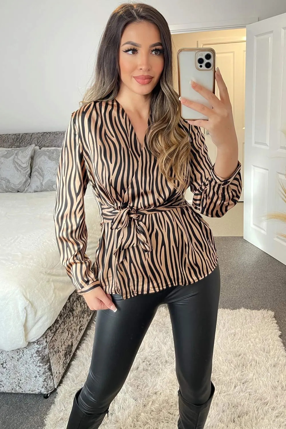 Beige and Black Zebra Print Plunge Wrap Tie Waist Satin Top