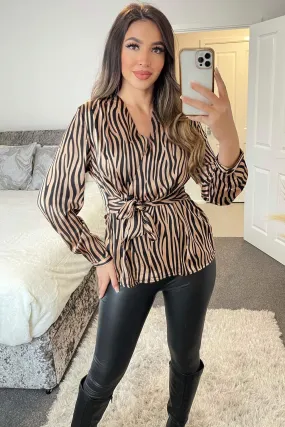 Beige and Black Zebra Print Plunge Wrap Tie Waist Satin Top