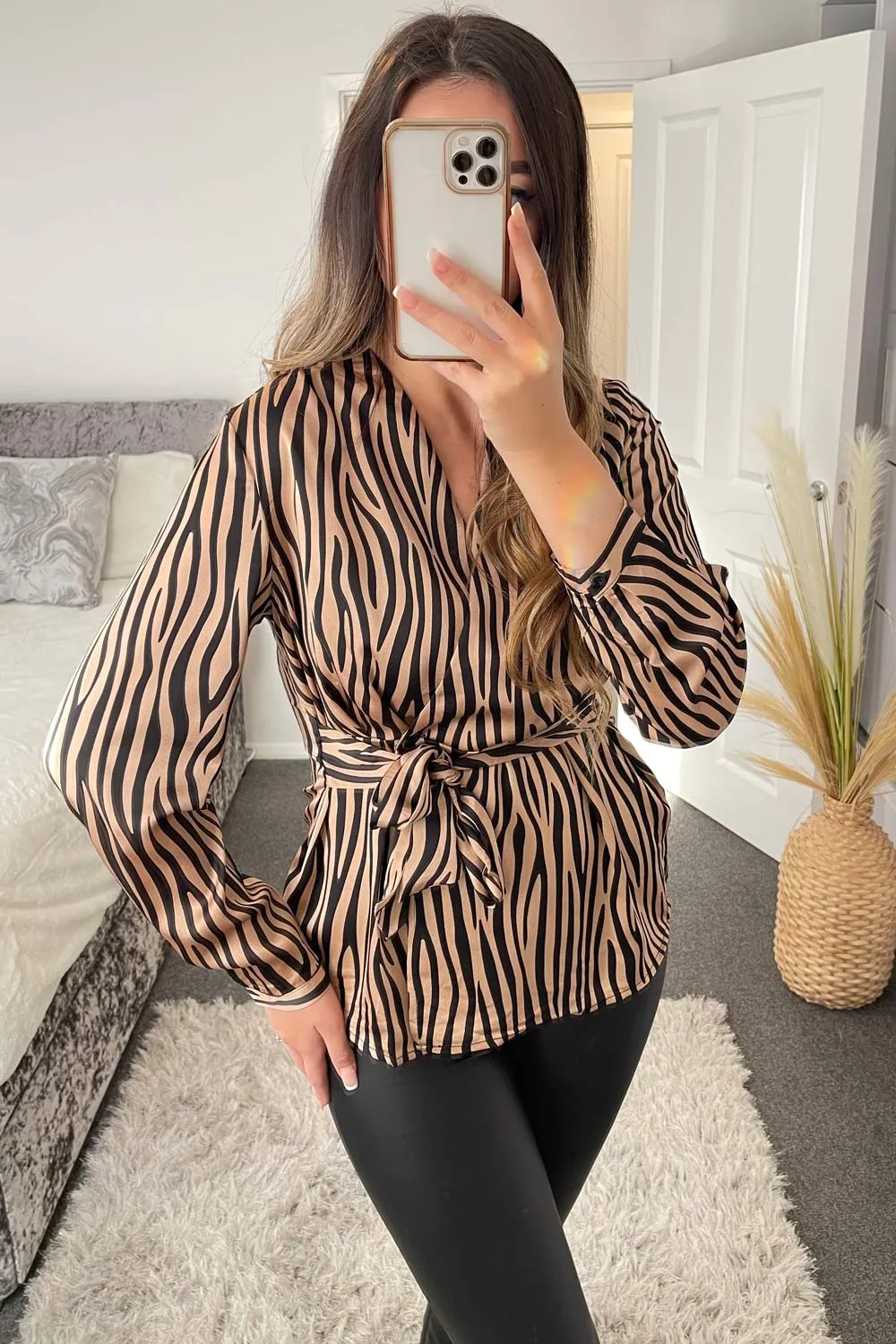 Beige and Black Zebra Print Plunge Wrap Tie Waist Satin Top