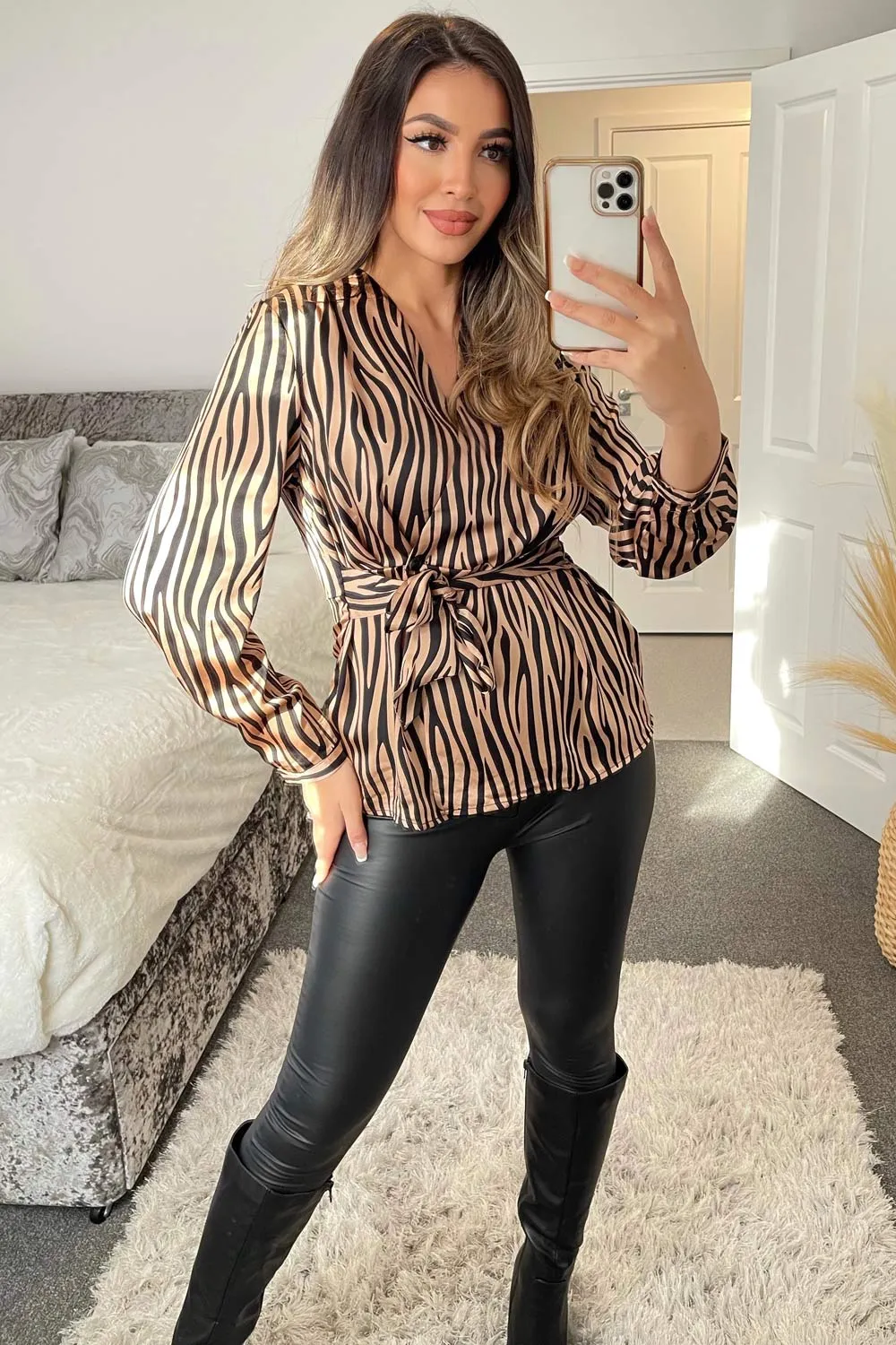 Beige and Black Zebra Print Plunge Wrap Tie Waist Satin Top