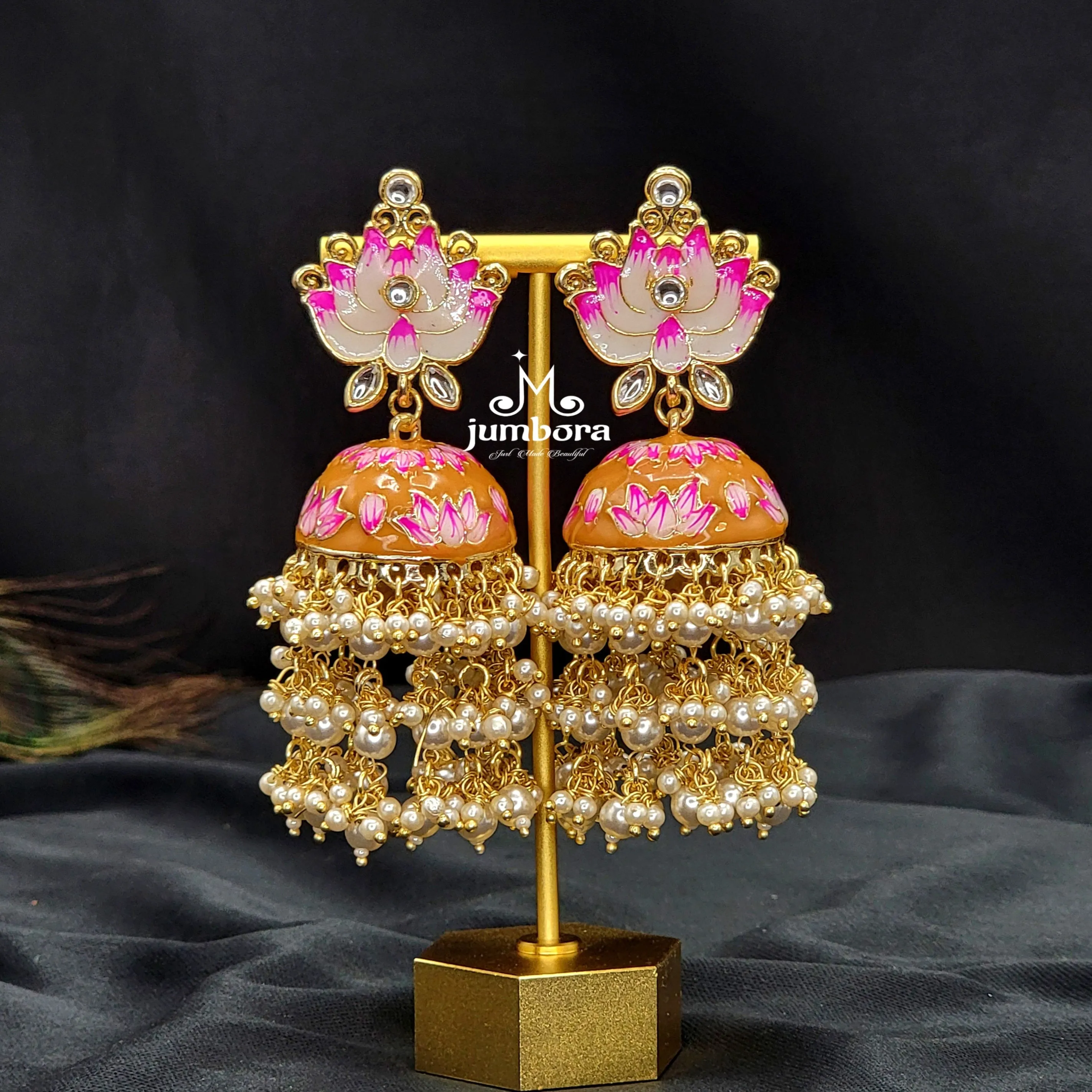 Big Meenakari Jhumka Earring with cluster pearls