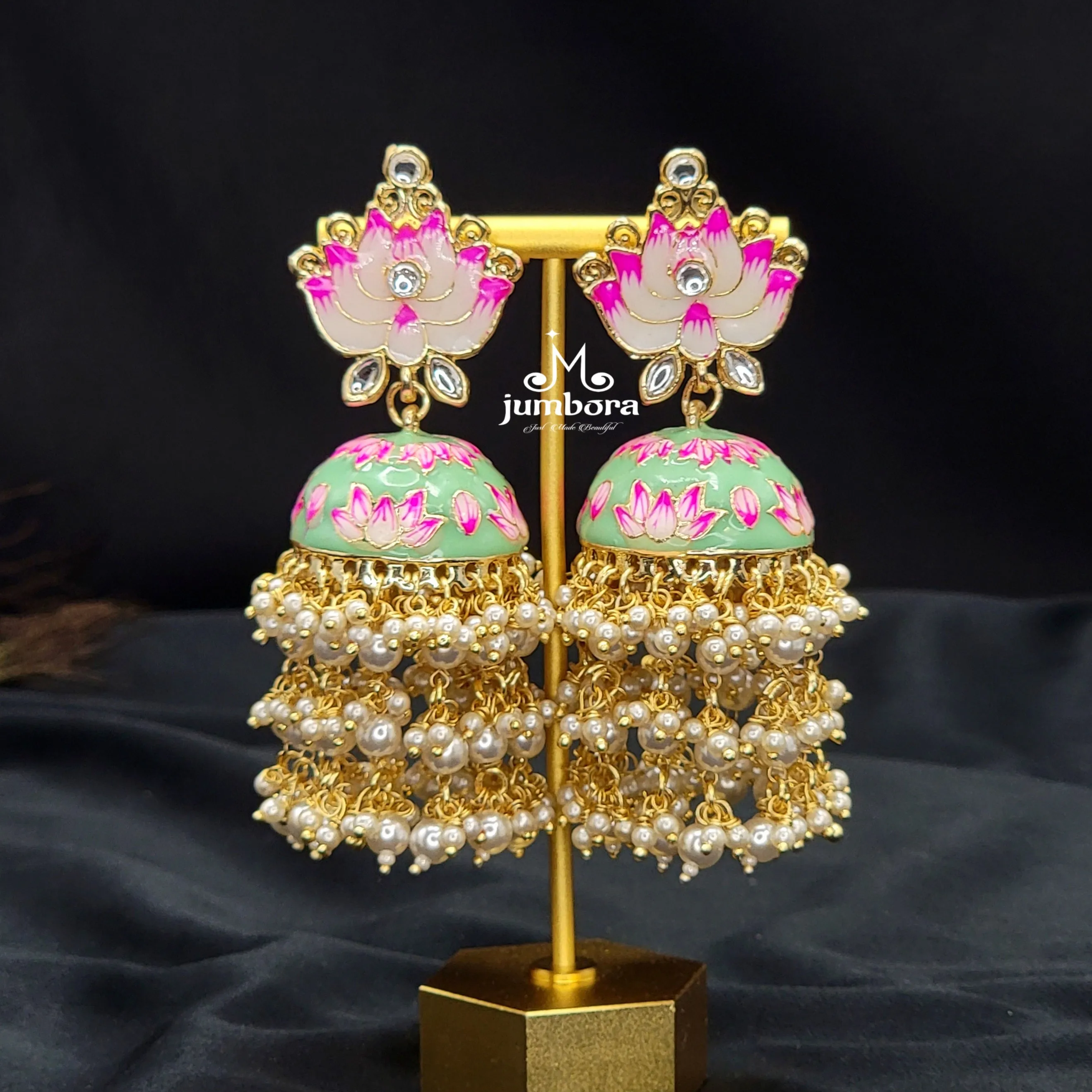 Big Meenakari Jhumka Earring with cluster pearls