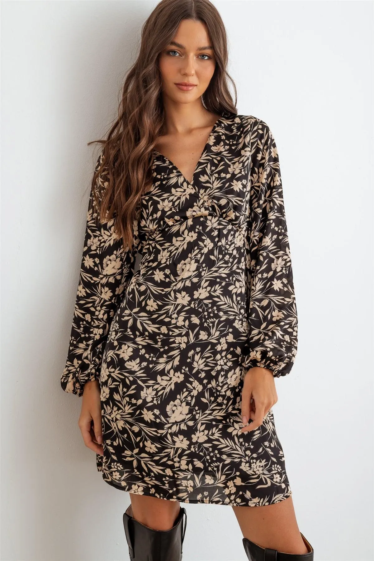 Black & Taupe Flower Satin Long Sleeve Mini Dress