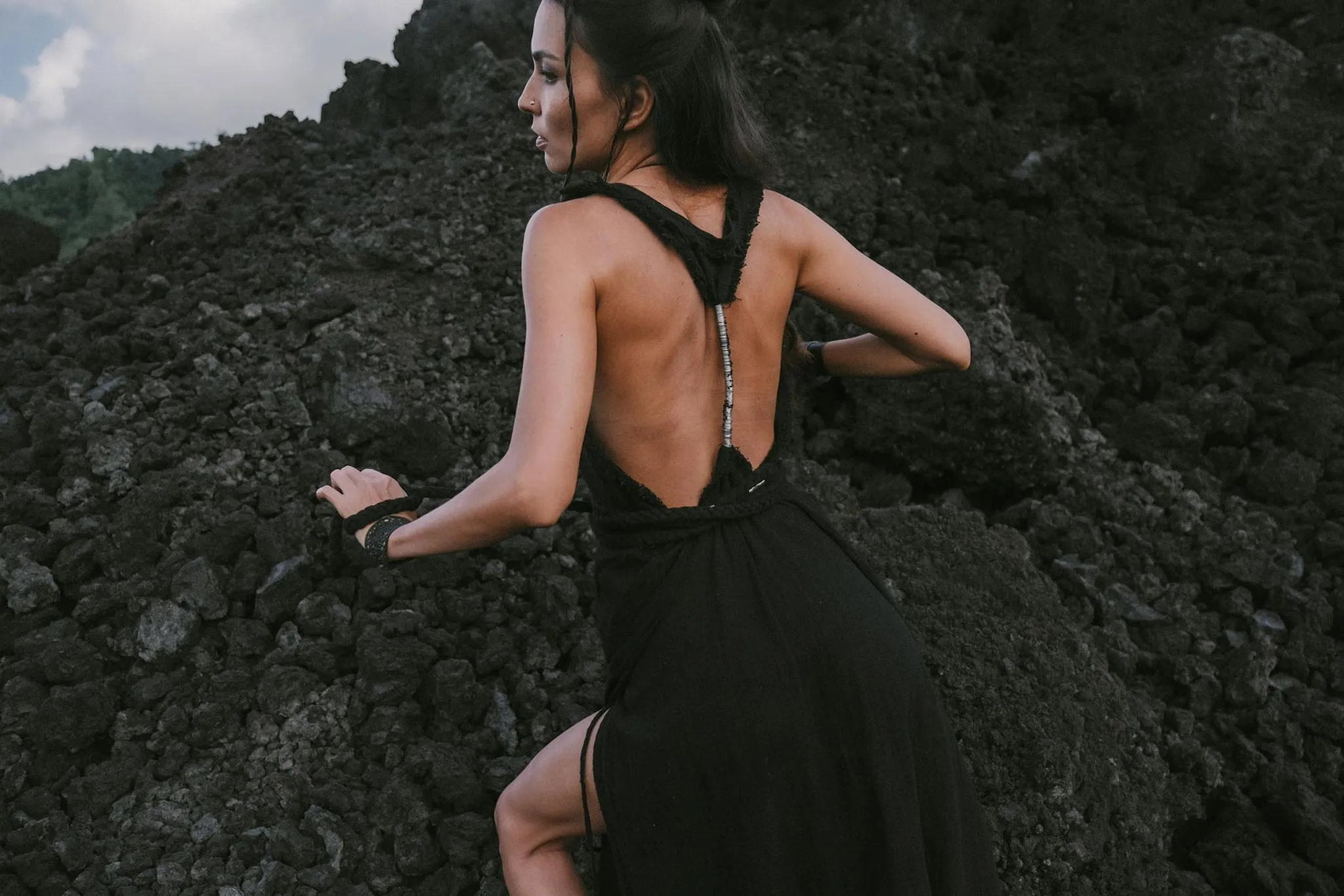 Black Casual Dream Wrap Dress Open Back High Slit Dress