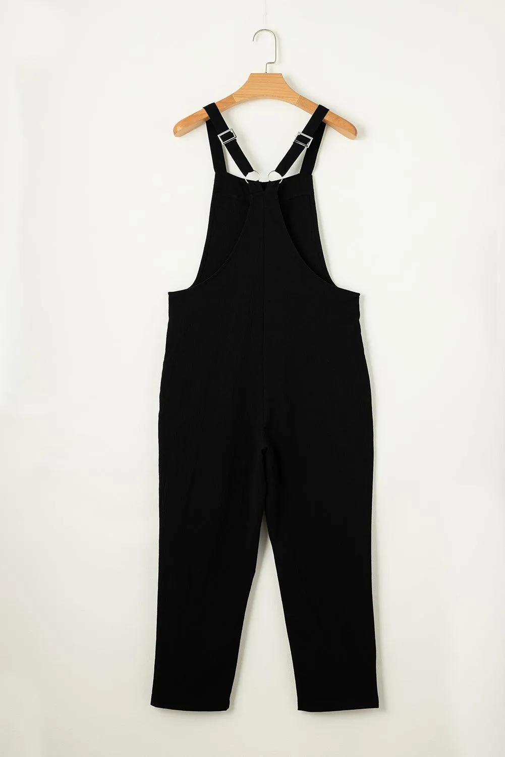 Black Casual Overall Jumpsuit with Adjustable Buckle Straps Cropped