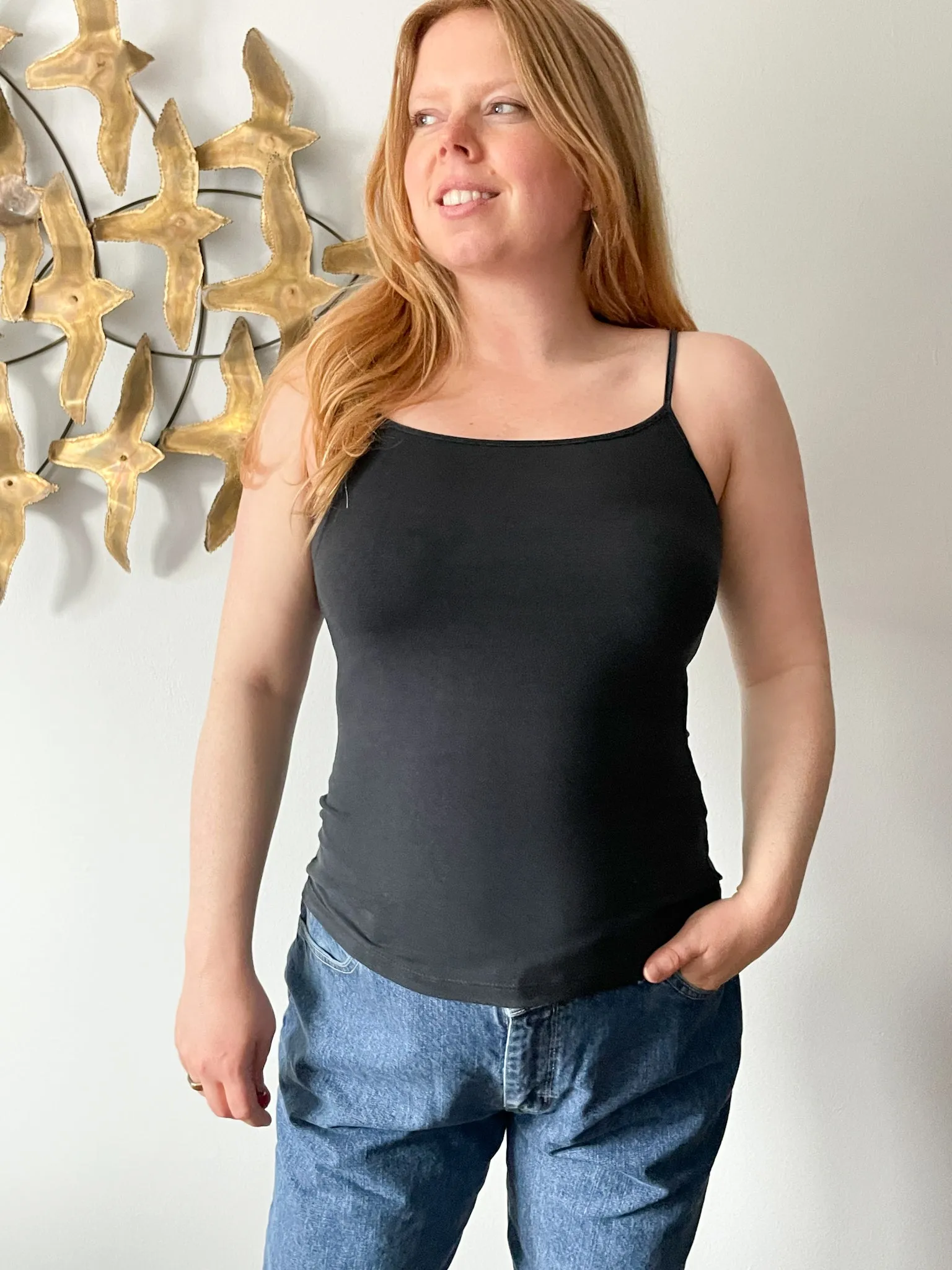 Black Cotton Blend Spaghetti Strap Camisole Tank Top - Small