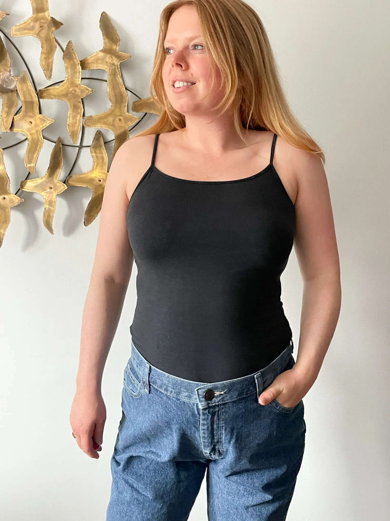 Black Cotton Blend Spaghetti Strap Camisole Tank Top - Small