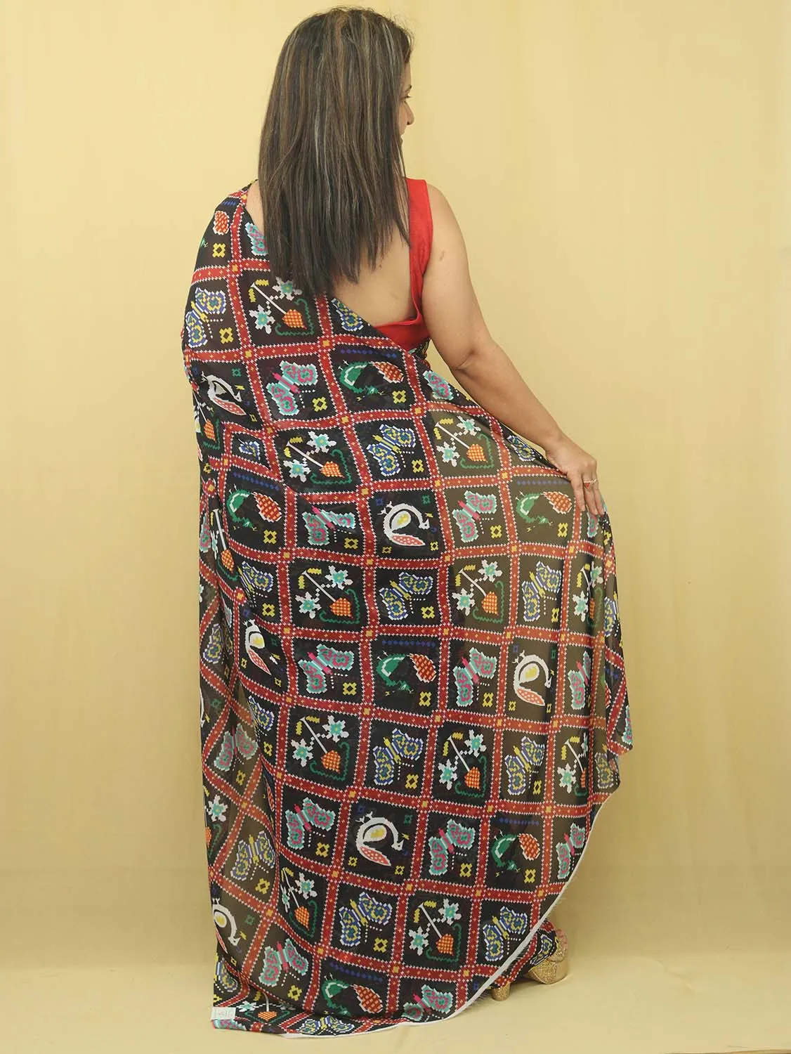 Black Digital Printed Georgette Patola Design Saree