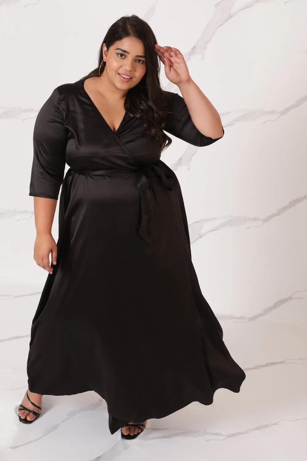 Black Satin Cocktail Wrap Dress