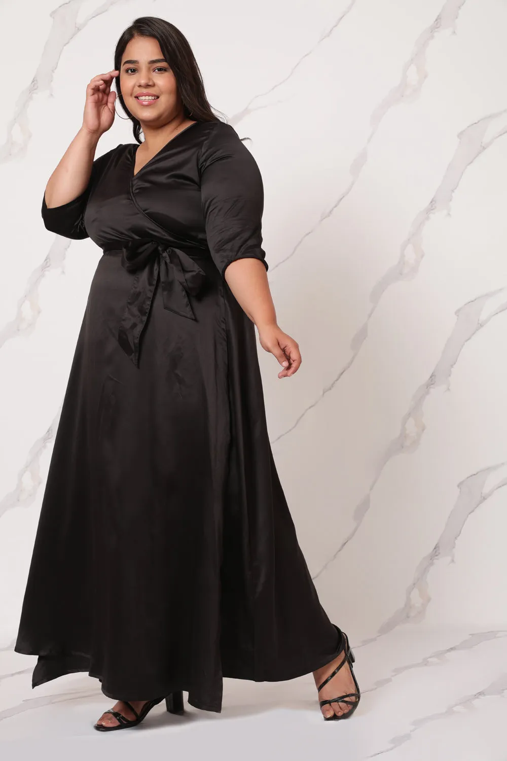 Black Satin Cocktail Wrap Dress