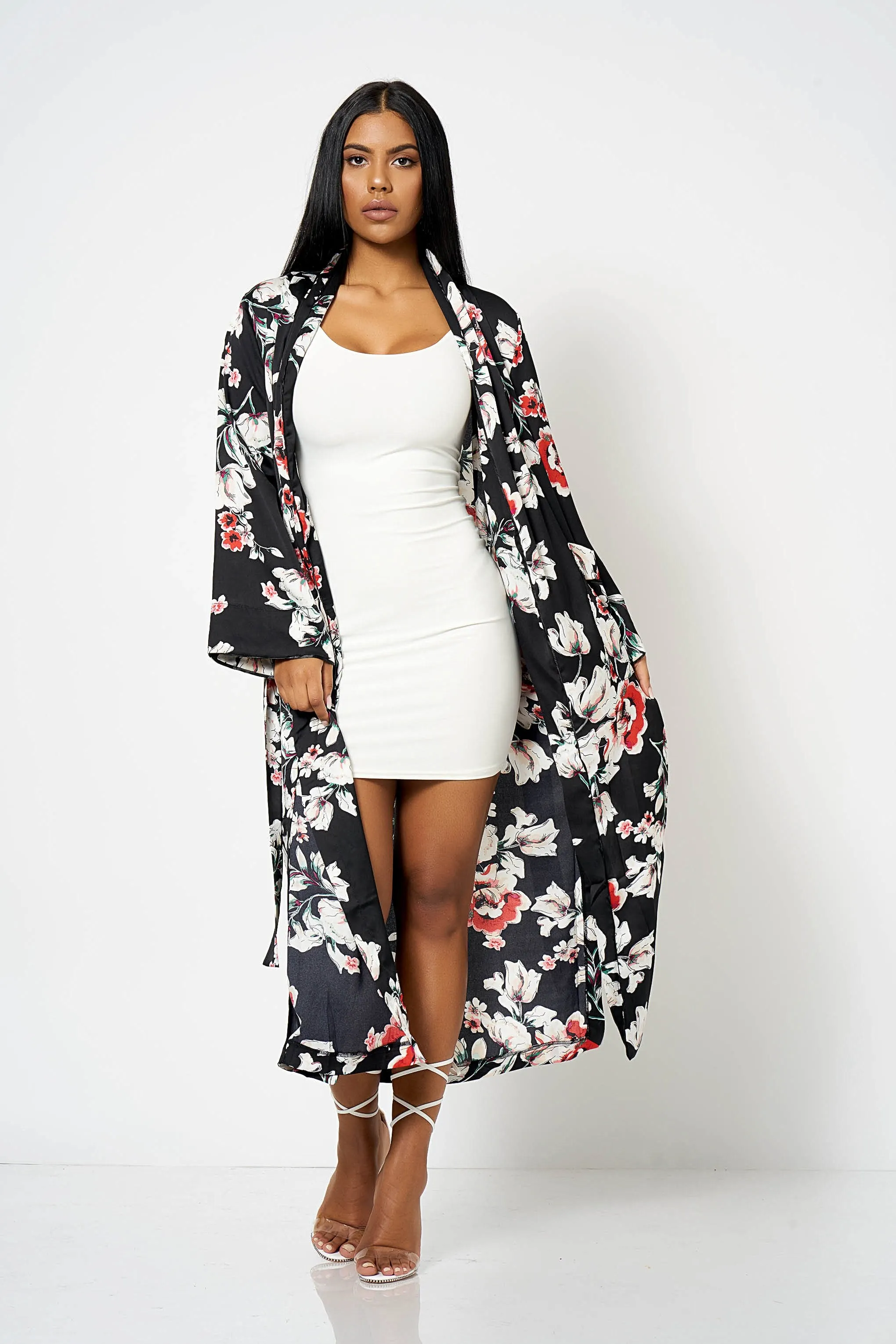 Black Satin Floral Duster Coat