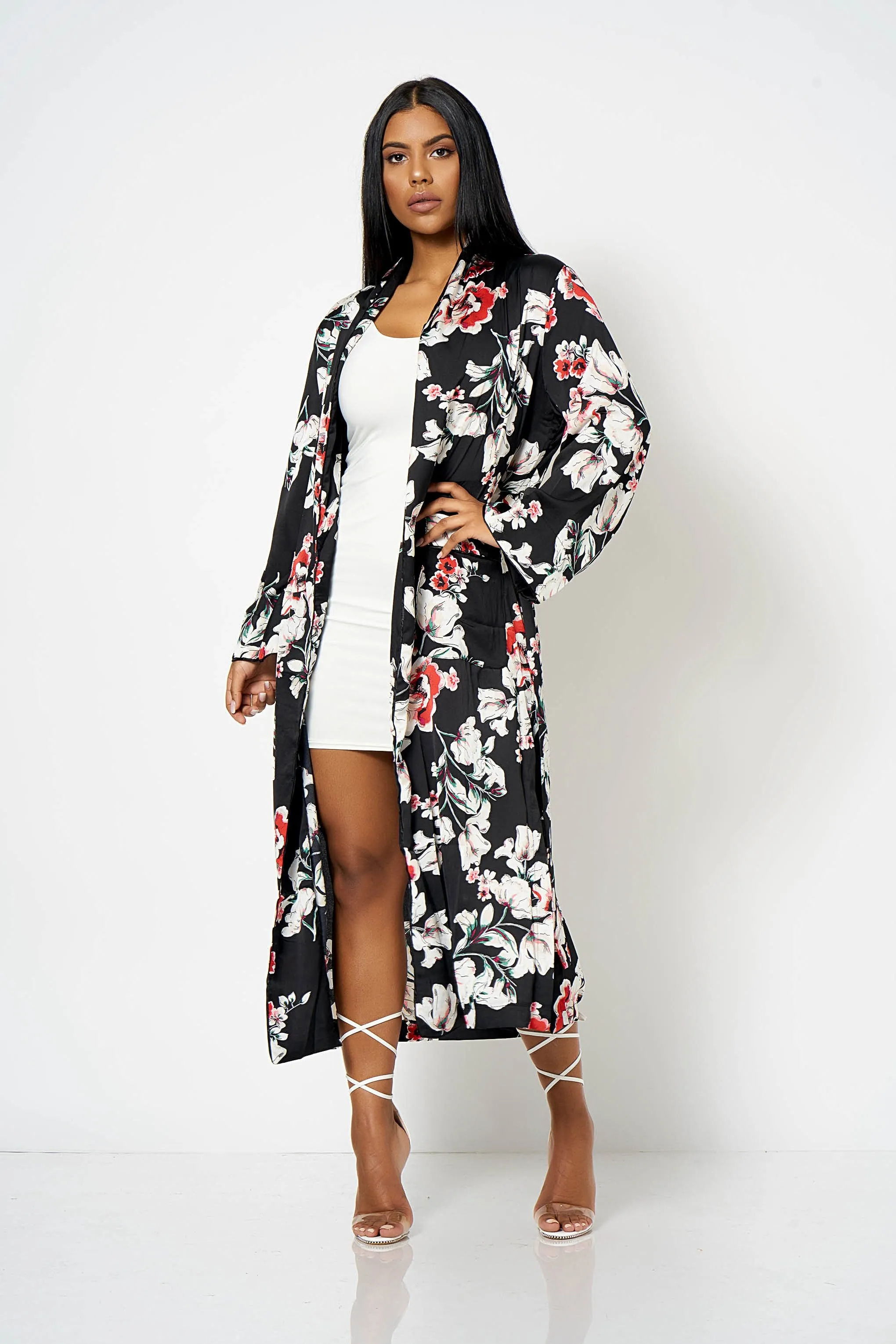 Black Satin Floral Duster Coat