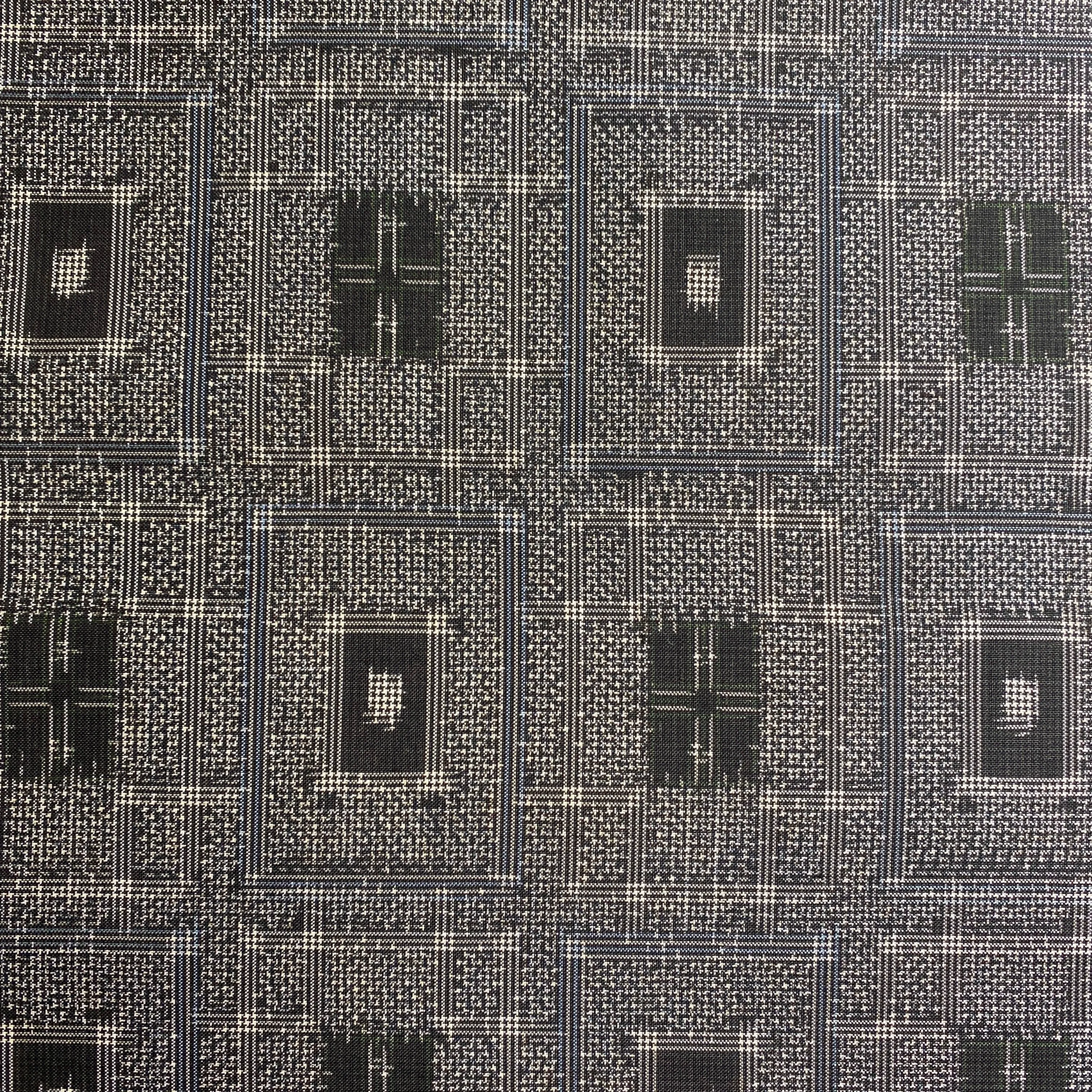 Black/Grey Ikat Masterpiece, Blue-Framed Rectangles Vintage Oshima Silk from Japan, By the Yard #238