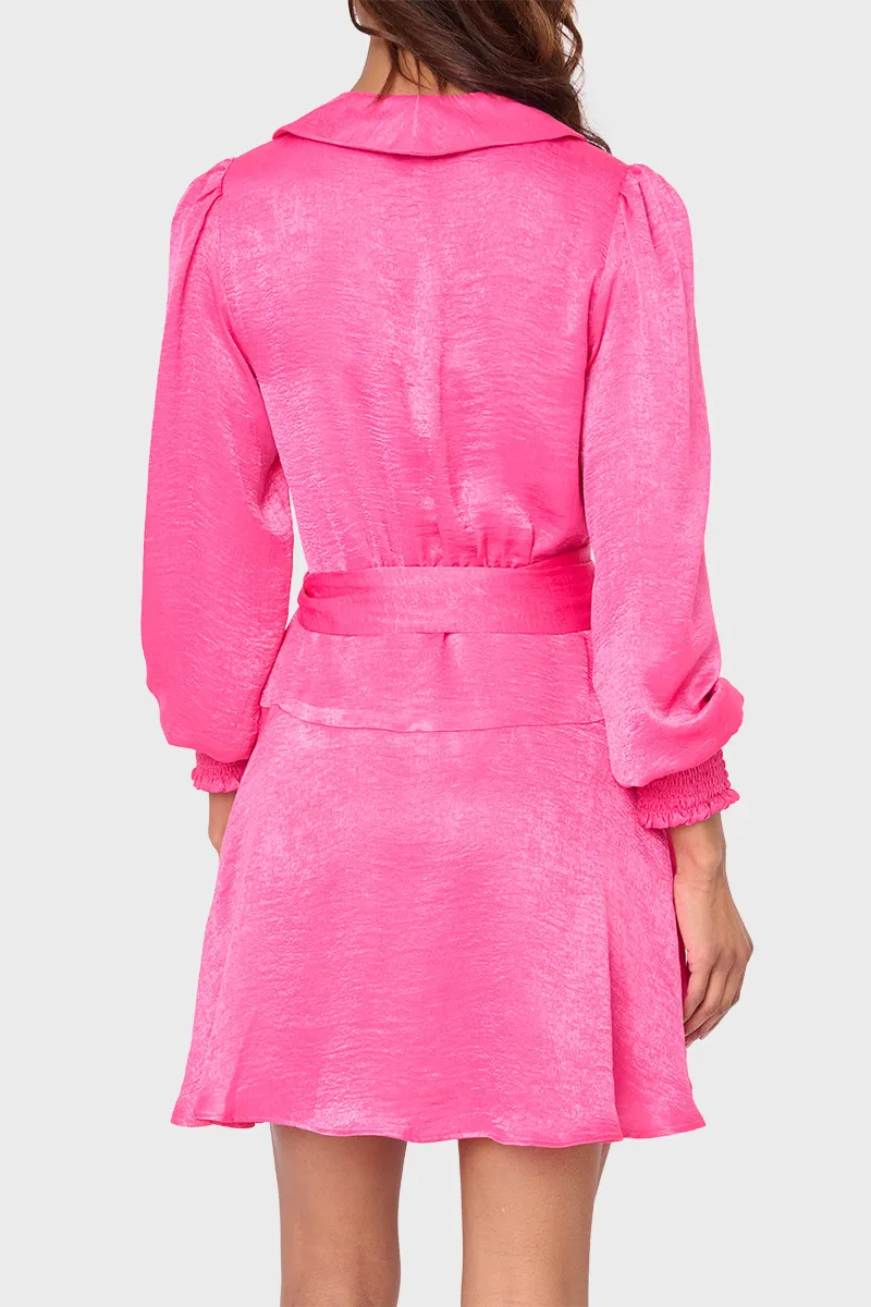 Blouson Sleeve Belted Satin Wrap Dress