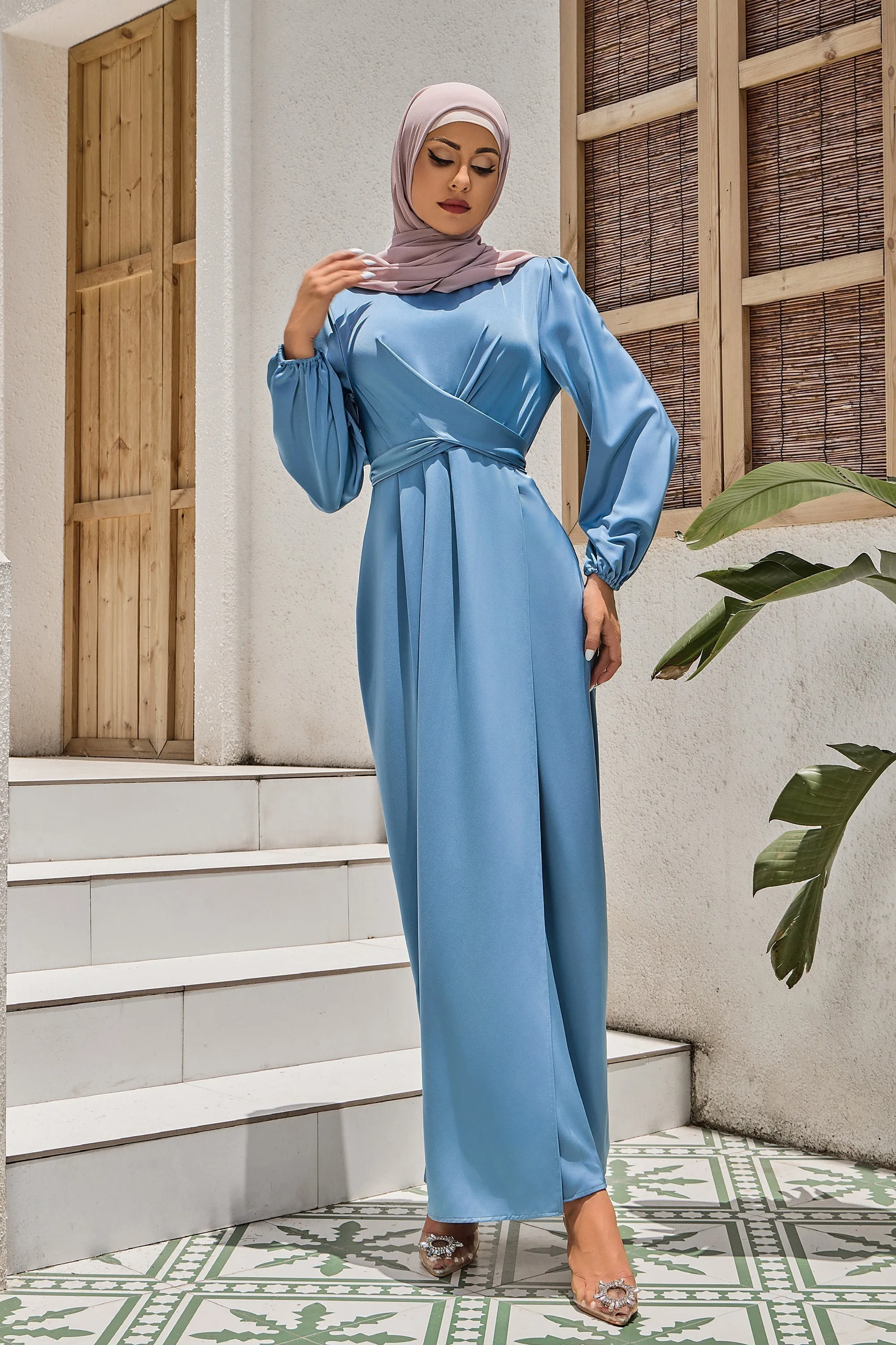 Blue Criss Cross Satin Faux Wrap Maxi Dress-CLEARANCE