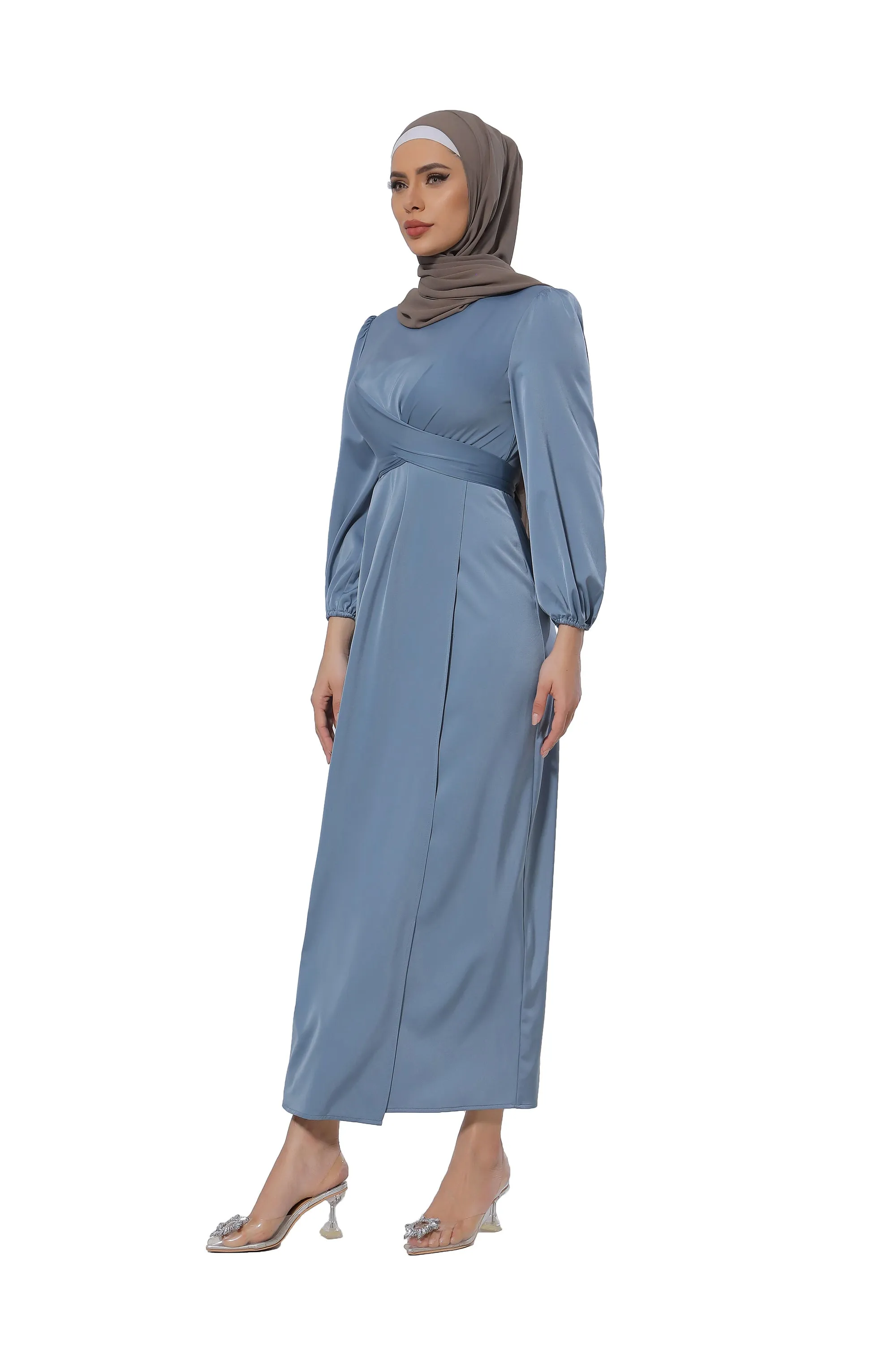 Blue Criss Cross Satin Faux Wrap Maxi Dress-CLEARANCE