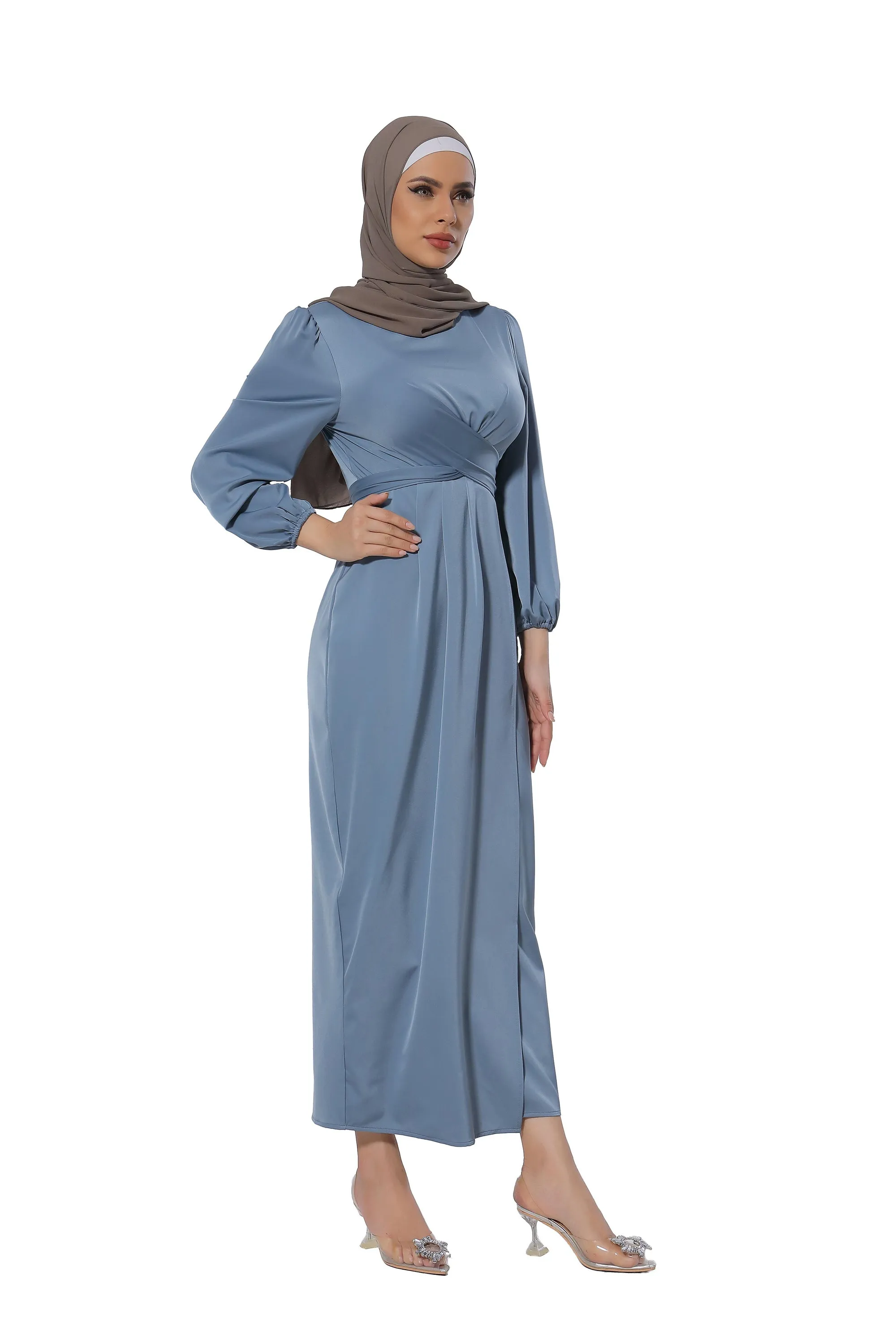 Blue Criss Cross Satin Faux Wrap Maxi Dress-CLEARANCE