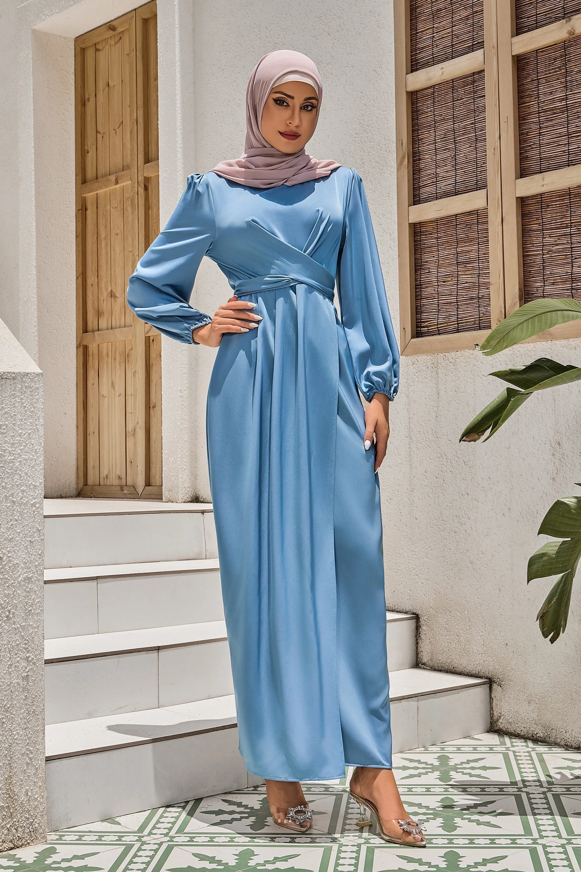 Blue Criss Cross Satin Faux Wrap Maxi Dress-CLEARANCE