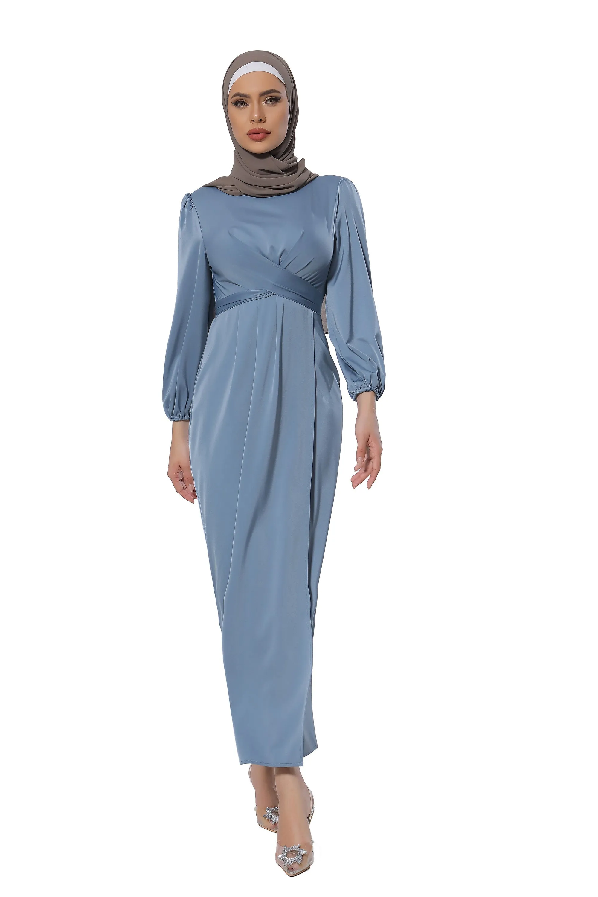 Blue Criss Cross Satin Faux Wrap Maxi Dress-CLEARANCE