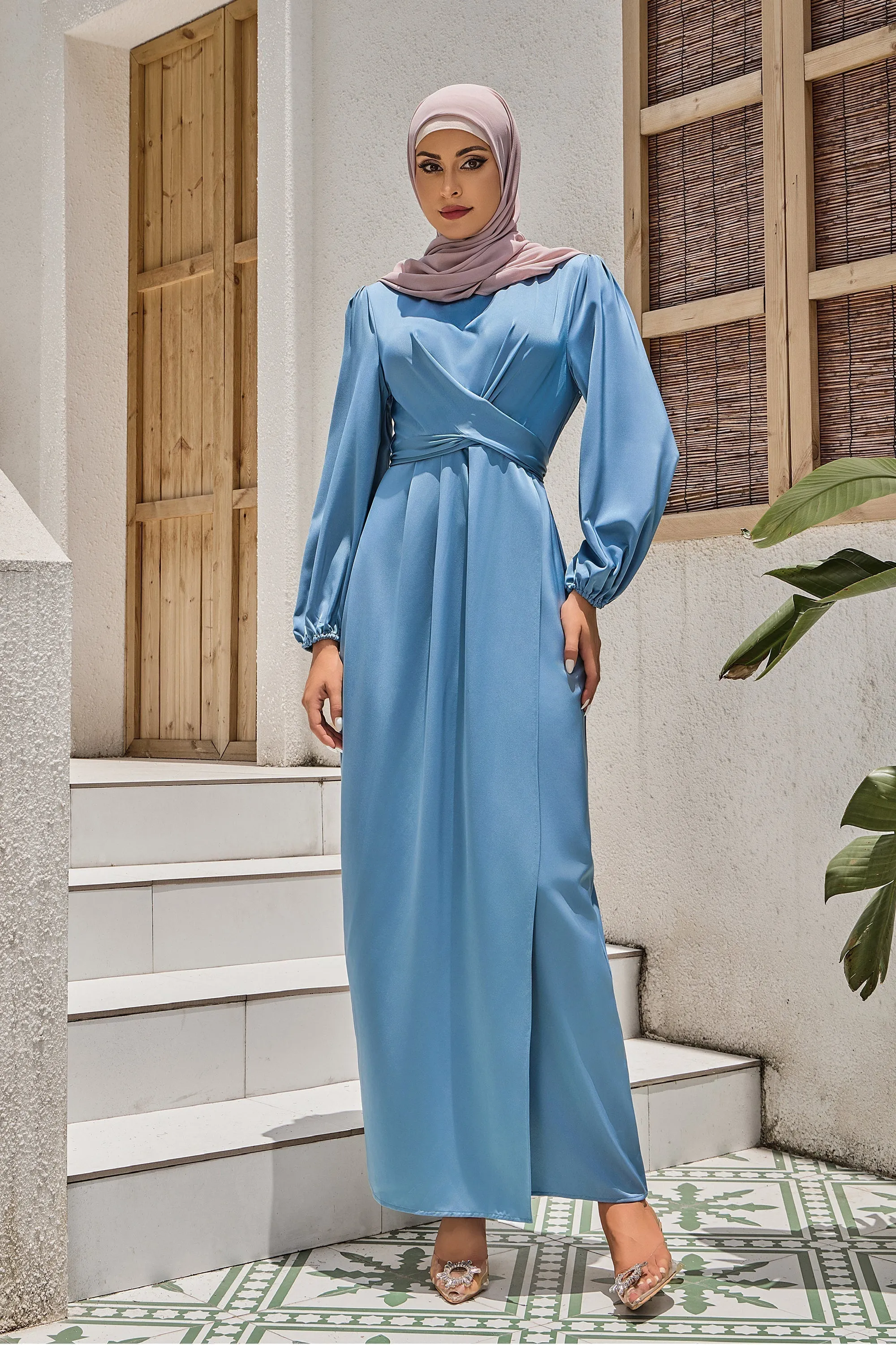 Blue Criss Cross Satin Faux Wrap Maxi Dress-CLEARANCE