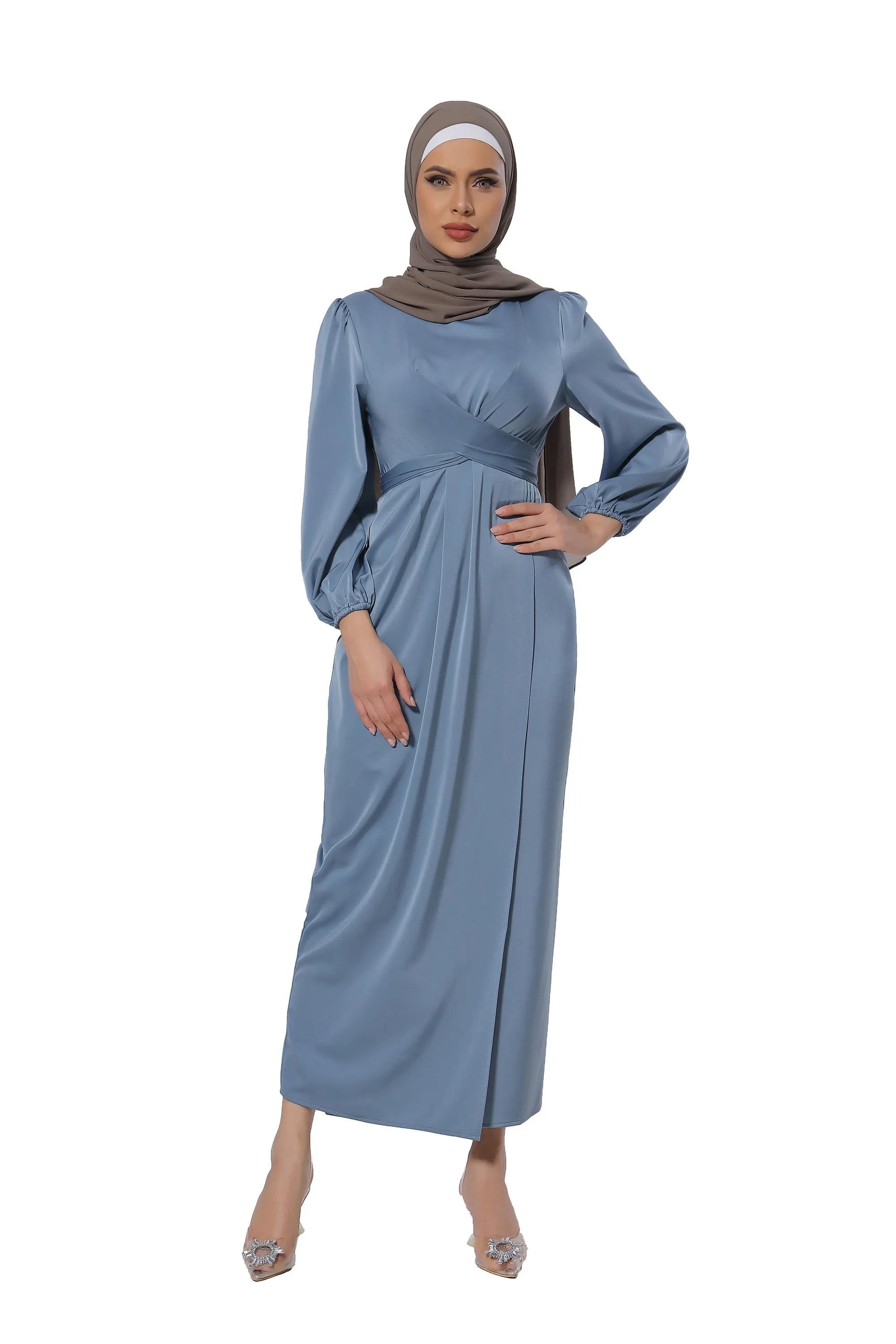 Blue Criss Cross Satin Faux Wrap Maxi Dress-CLEARANCE